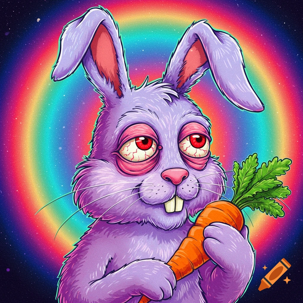A purple rabbit with red eyes holds a carrot against a rainbow background.