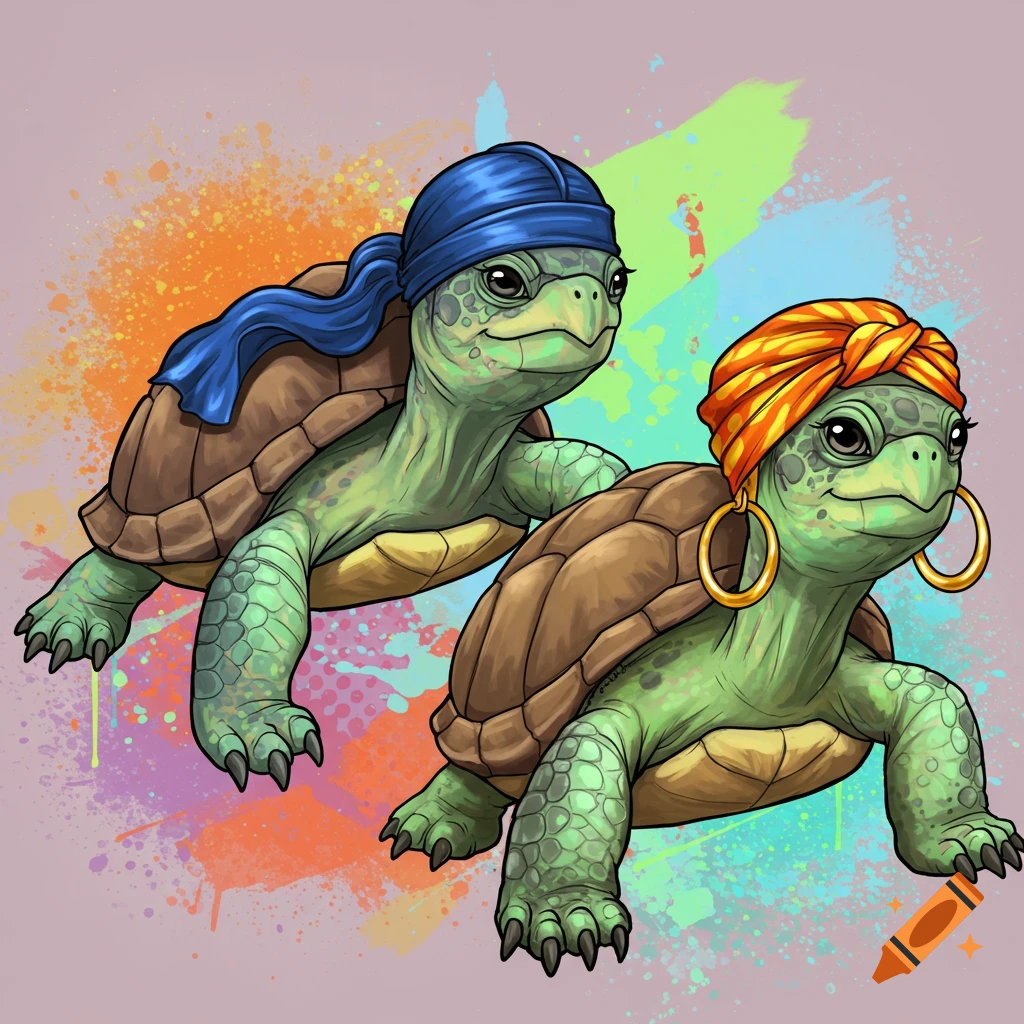 Two cartoon turtles, one in a blue durag, the other in an orange headwrap and hoop earrings.