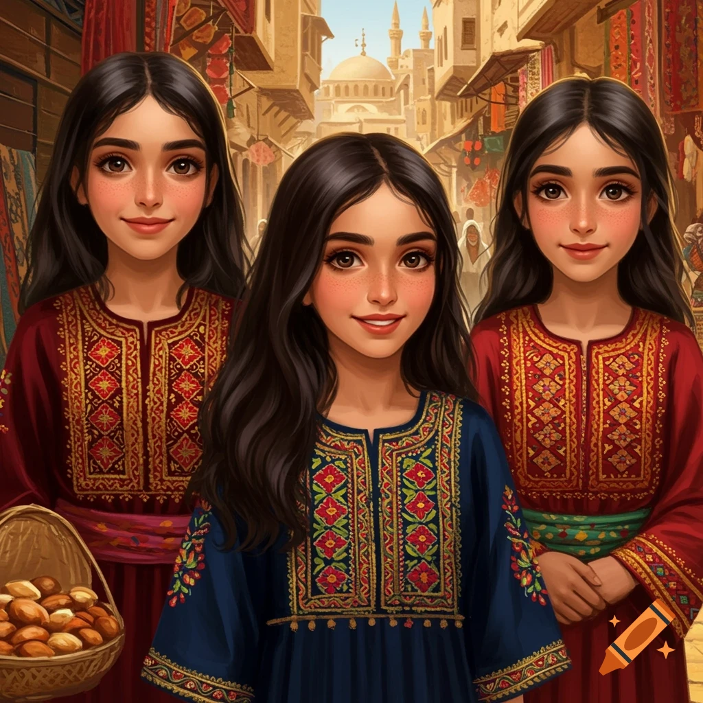 Three girls in traditional dresses in a Syrian marketplace.