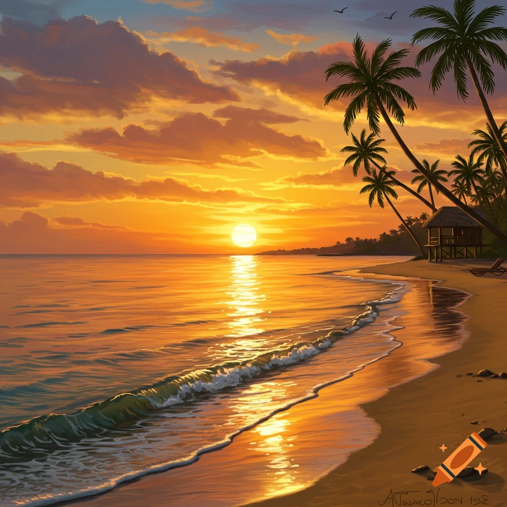 A tropical beach at sunset with palm trees, a small hut, and gentle waves.