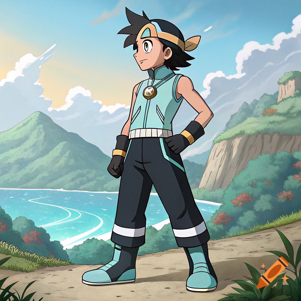 Anime character in a blue vest and black pants stands on a path overlooking a lake and mountains.