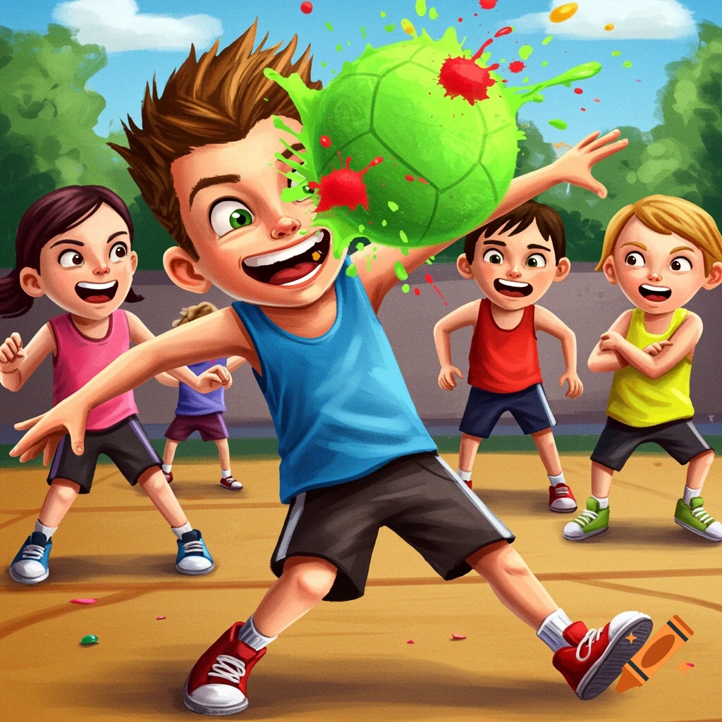 Kids playing dodgeball in a vibrant cartoon style, a boy gets hit in the face by a green ball.