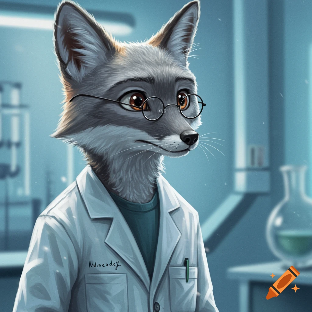An anthropomorphic grey fox wearing glasses and a lab coat in a science lab.