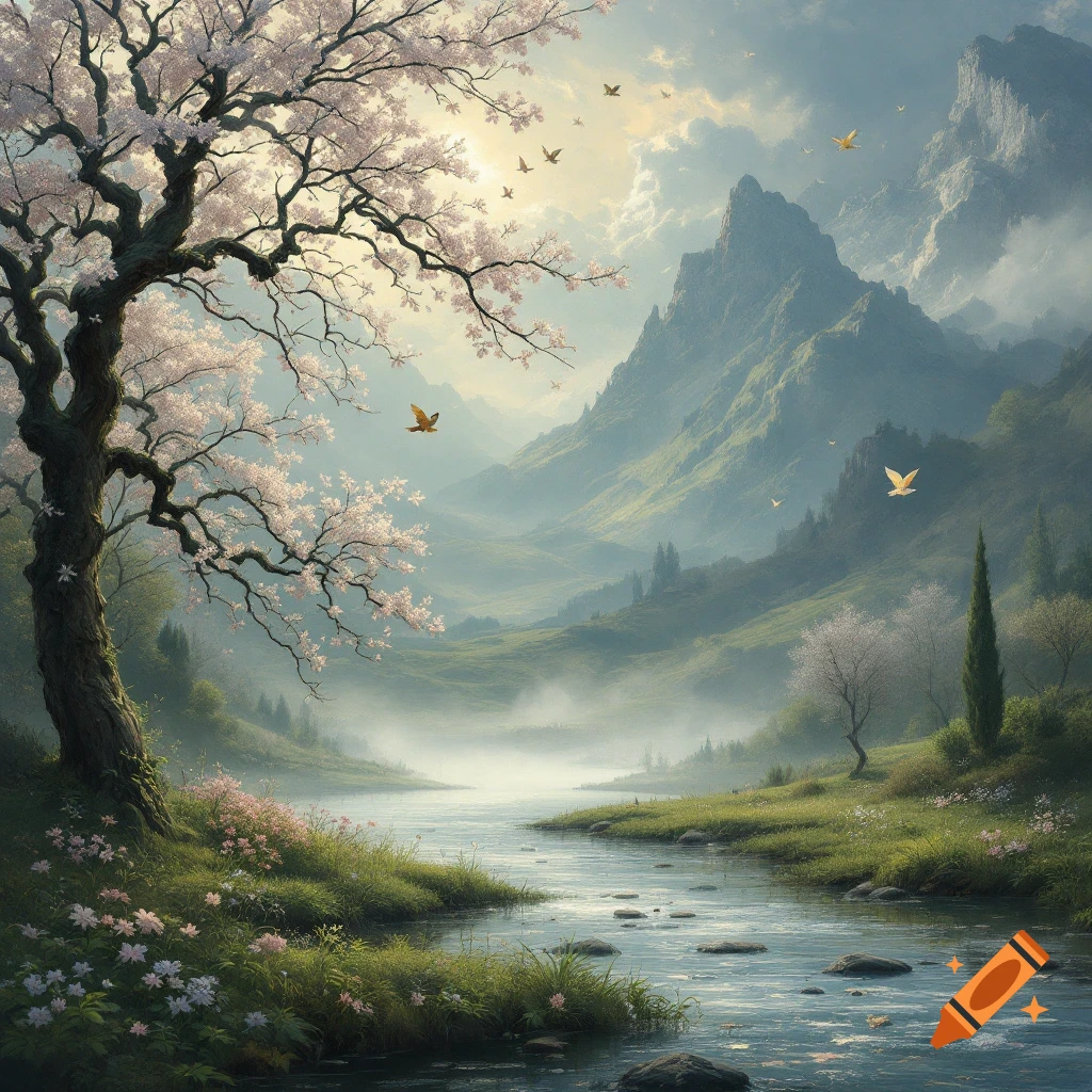 A serene spring landscape with a river flowing through a valley, mountains in the background, a large cherry blossom tree, and birds flying.