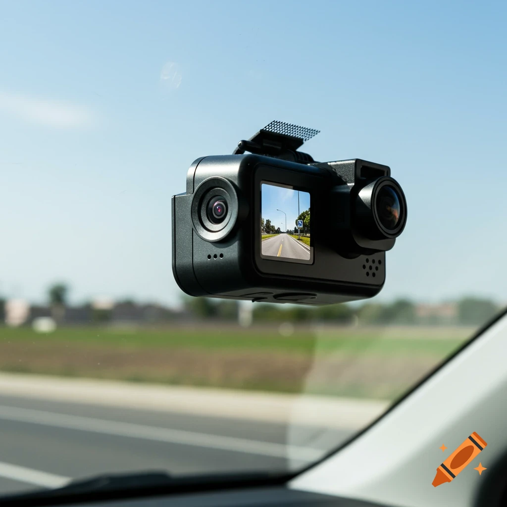 A black dash camera mounted on a car windshield, showing a view of a road on its screen.
