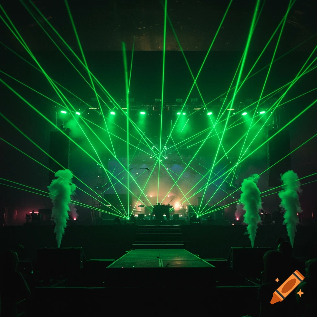 Green lasers and smoke fill a stage during a concert.