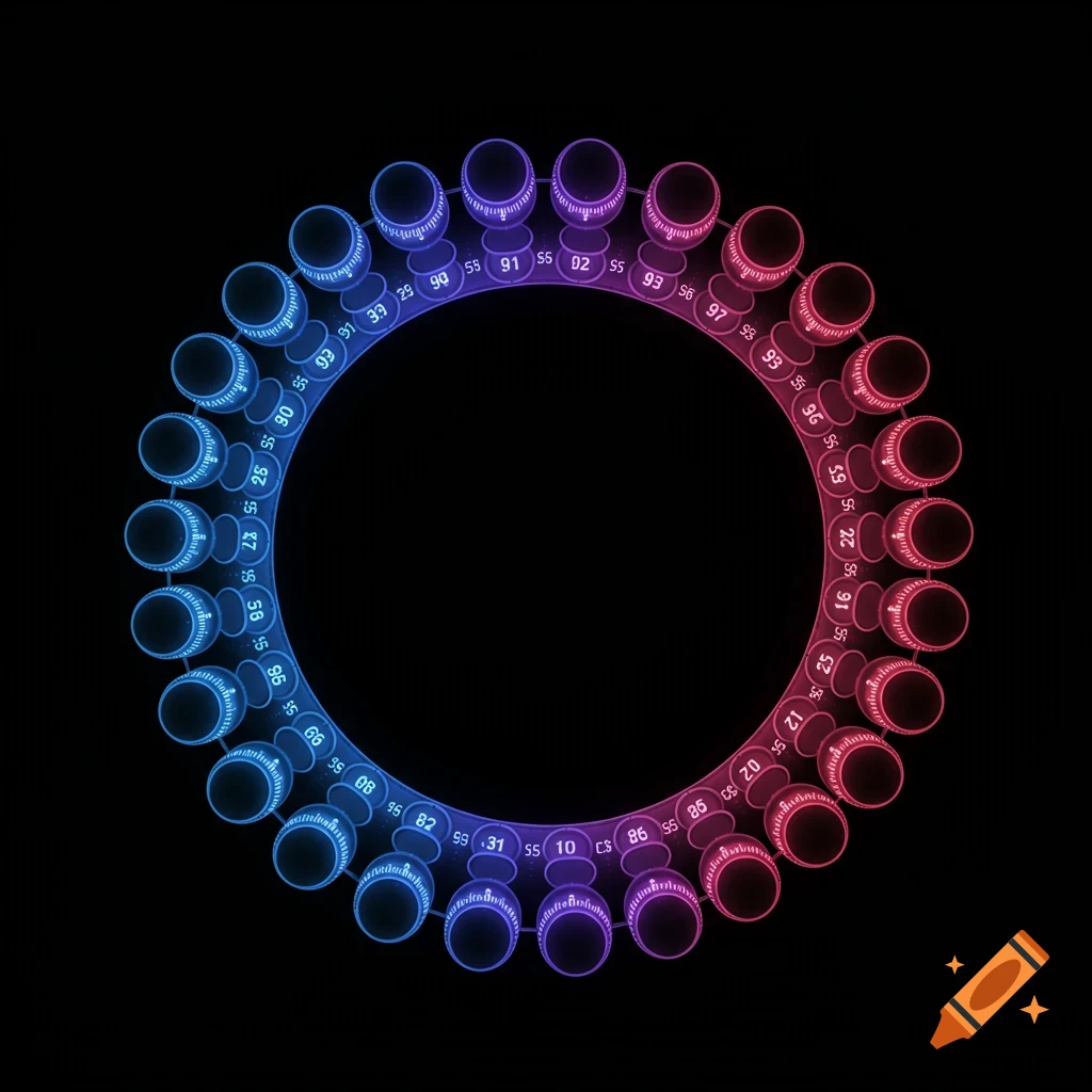Abstract ring of colorful glowing knobs with numbers on a black background.