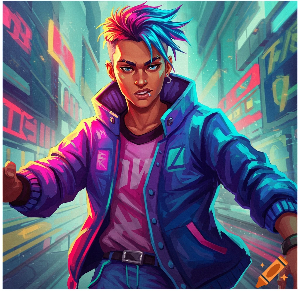A person with colorful hair wearing a jacket is walking through a vibrant cyberpunk city.