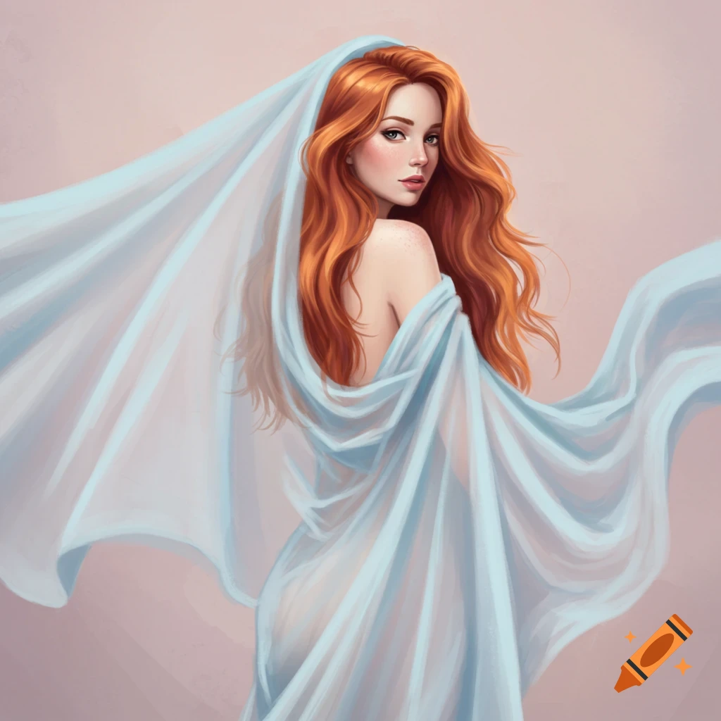Image of a woman with red hair draped in sheer blue fabric