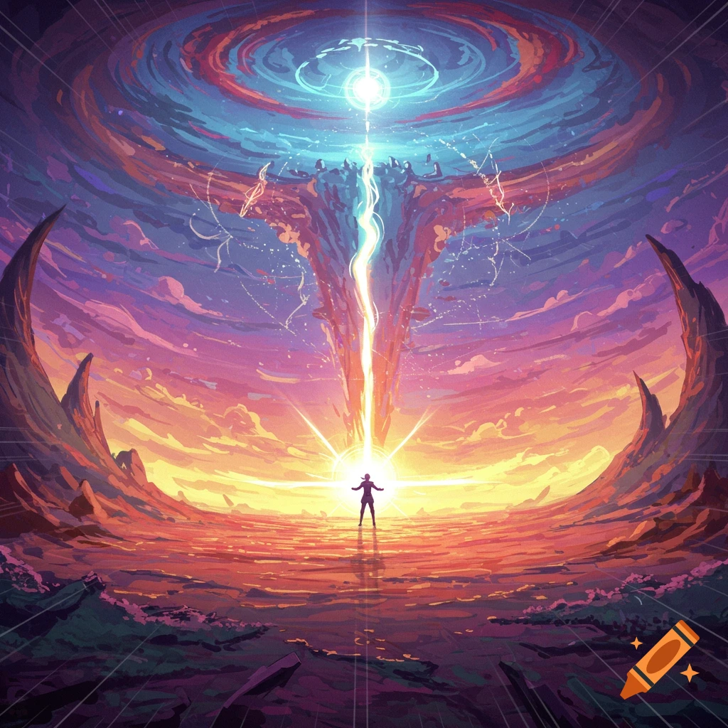 A person stands before a giant energy vortex erupting from the ground in a vibrant landscape at sunset, digital art.