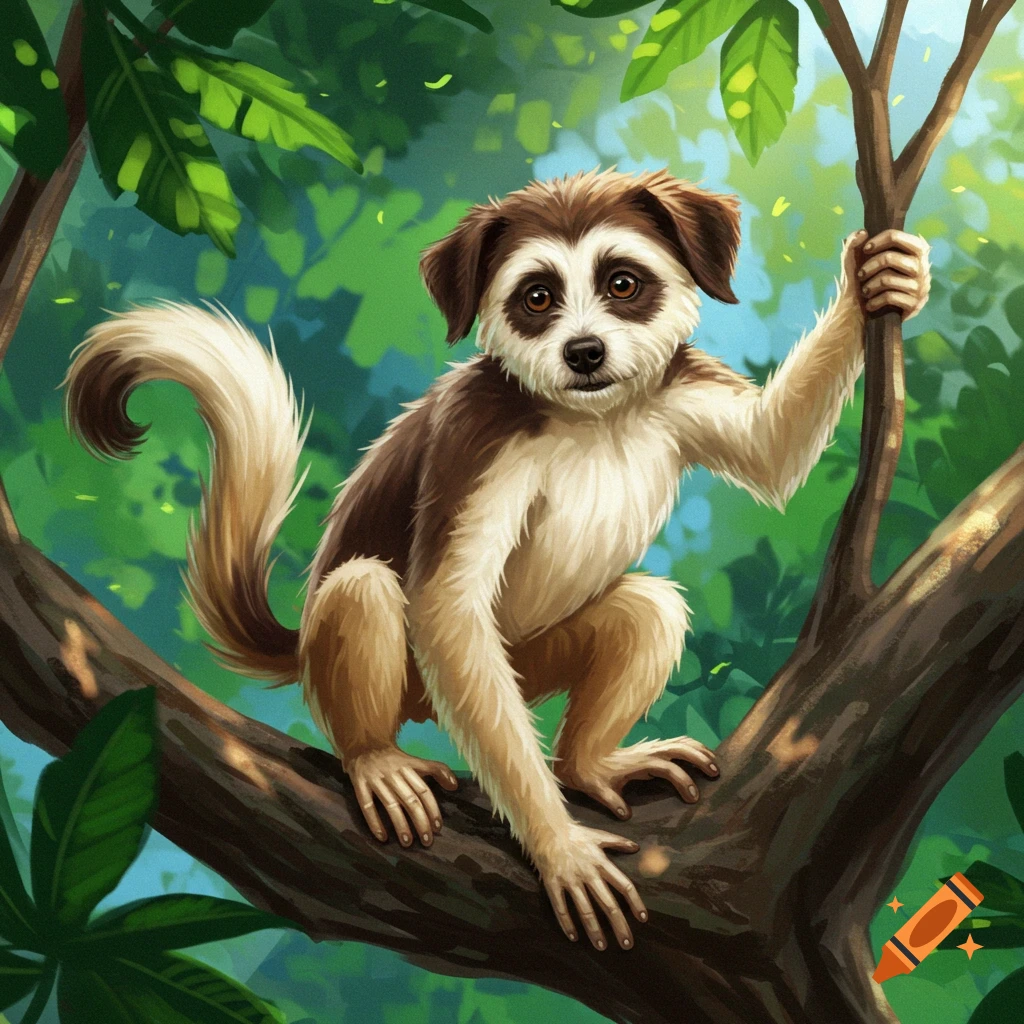 A half monkey, half dog creature sits in a tree branch.