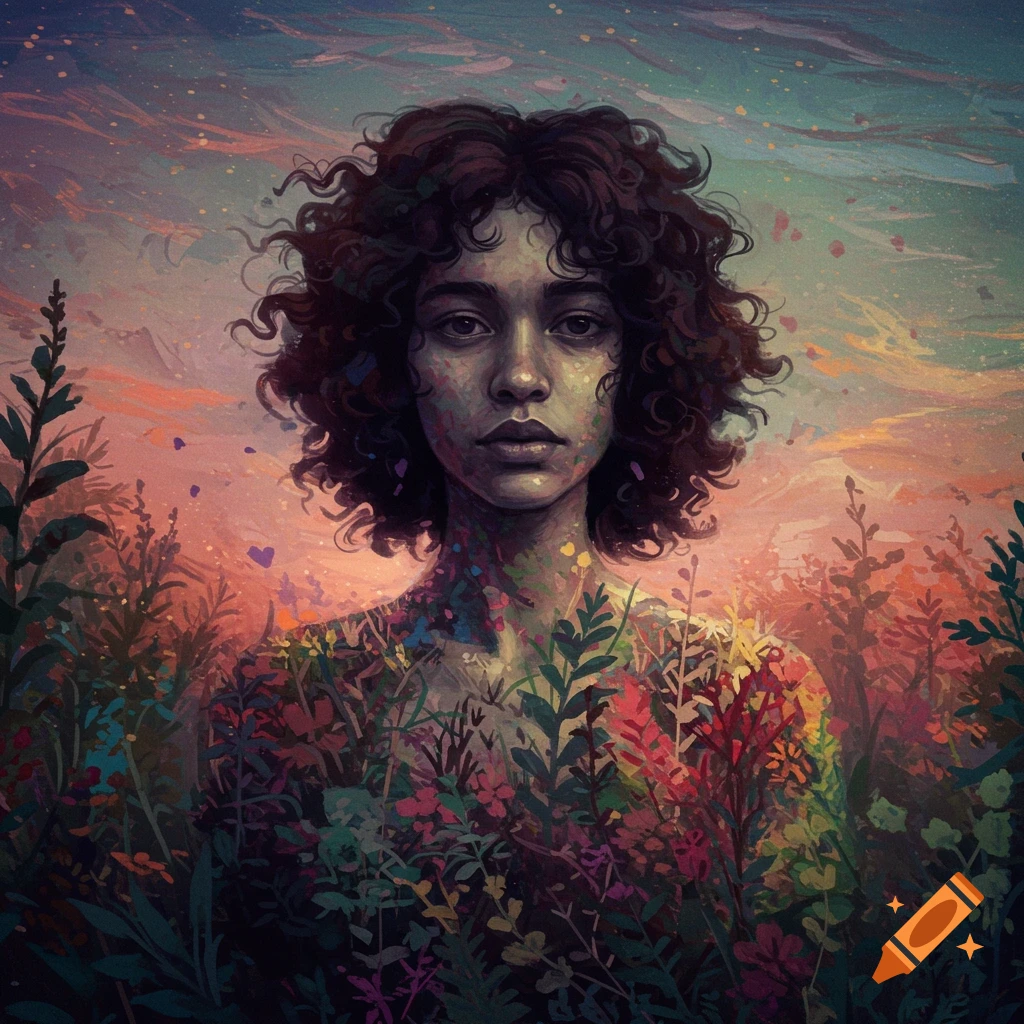 A person with curly hair is blending into colorful flowers and plants against a sunset sky.