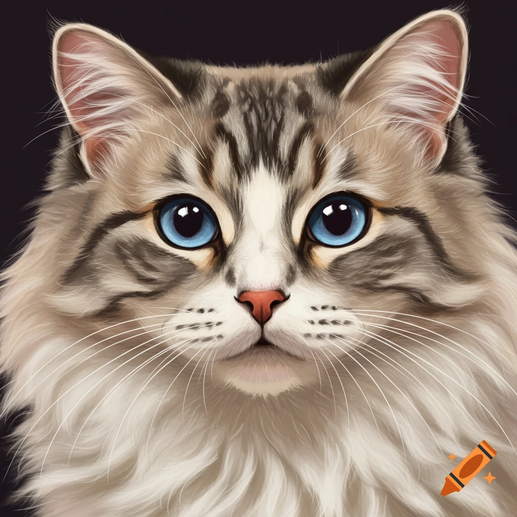 Close-up anime portrait of a fluffy cat with bright blue eyes.