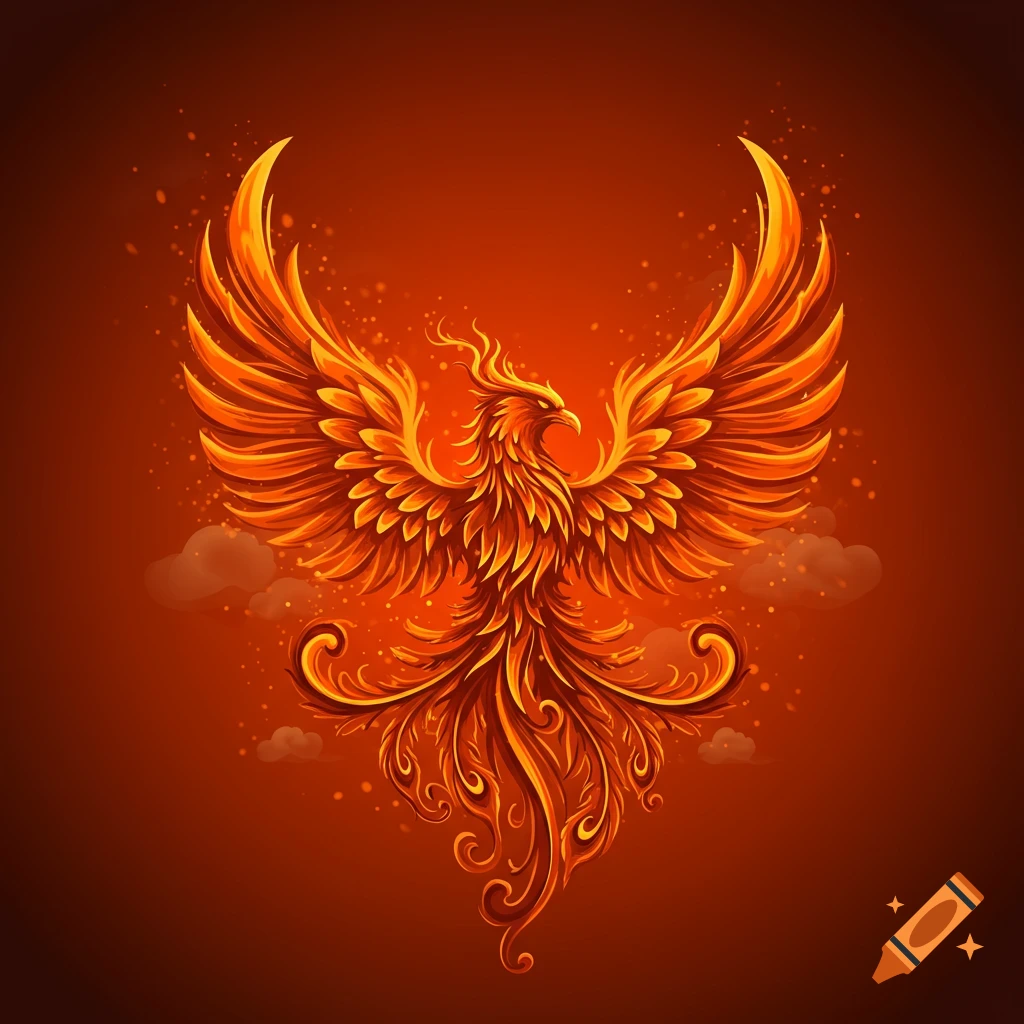 Stylized fiery phoenix illustration on an orange background