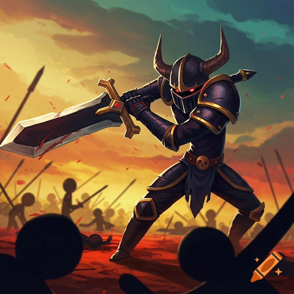 A dark knight swinging a bloodied sword in a battle against stick figures at sunset.