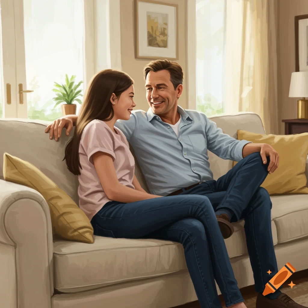 A man and young woman talk on a sofa in a living room.