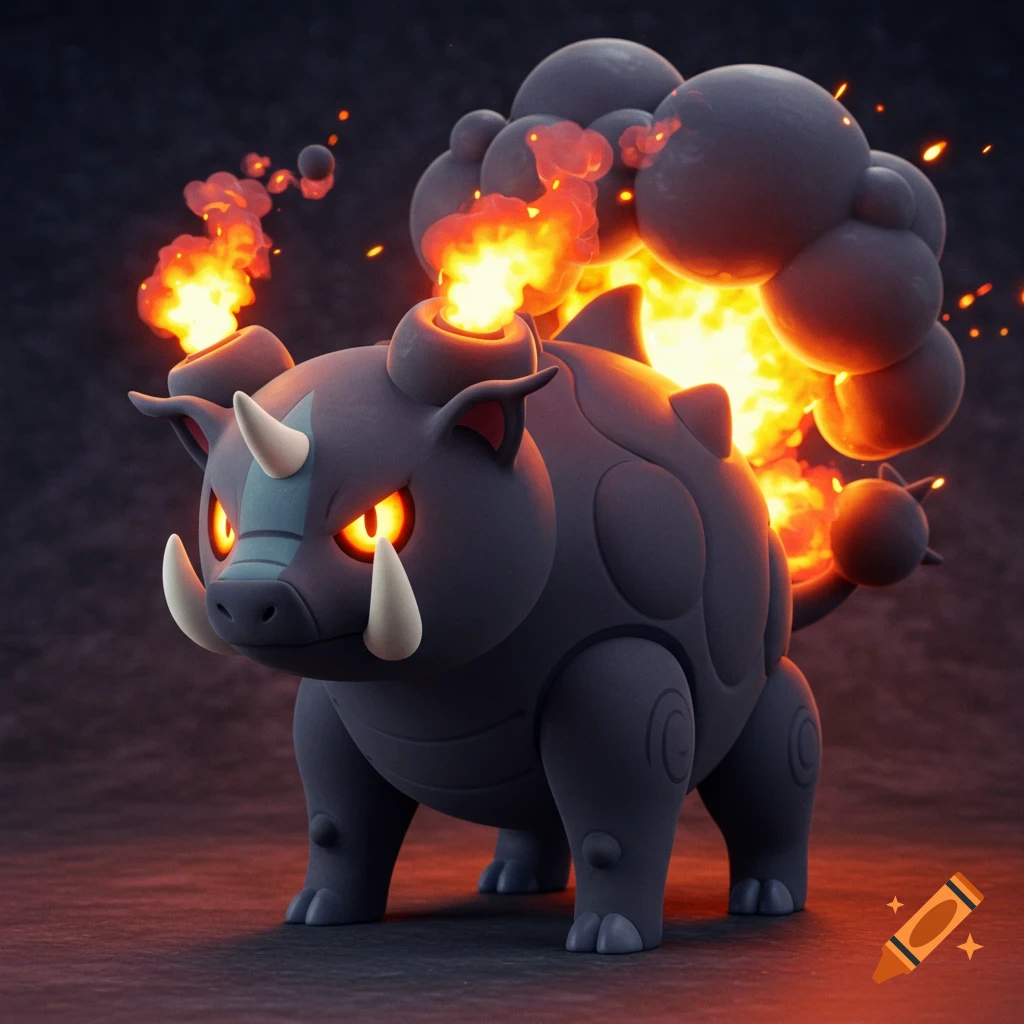 A dark grey, stylized creature resembling a rhinoceros with glowing eyes, emitting fire and smoke from its shoulders and tail.