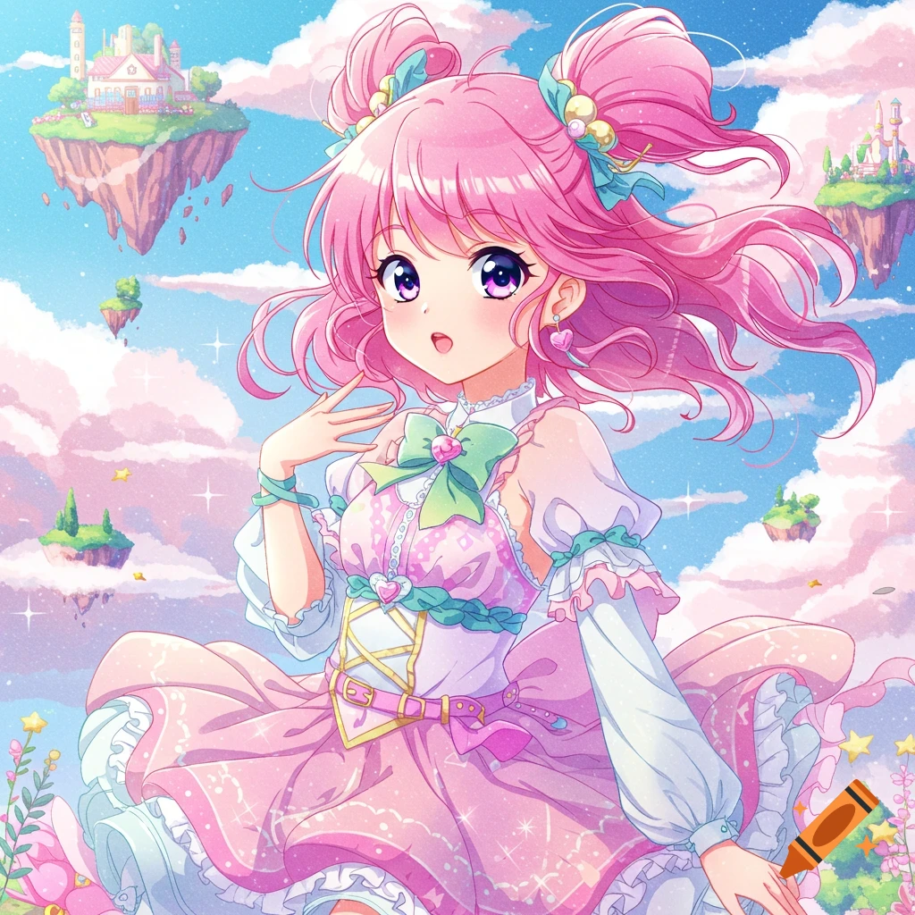 Anime girl with pink hair in a pink dress floats in a sky with castles on islands