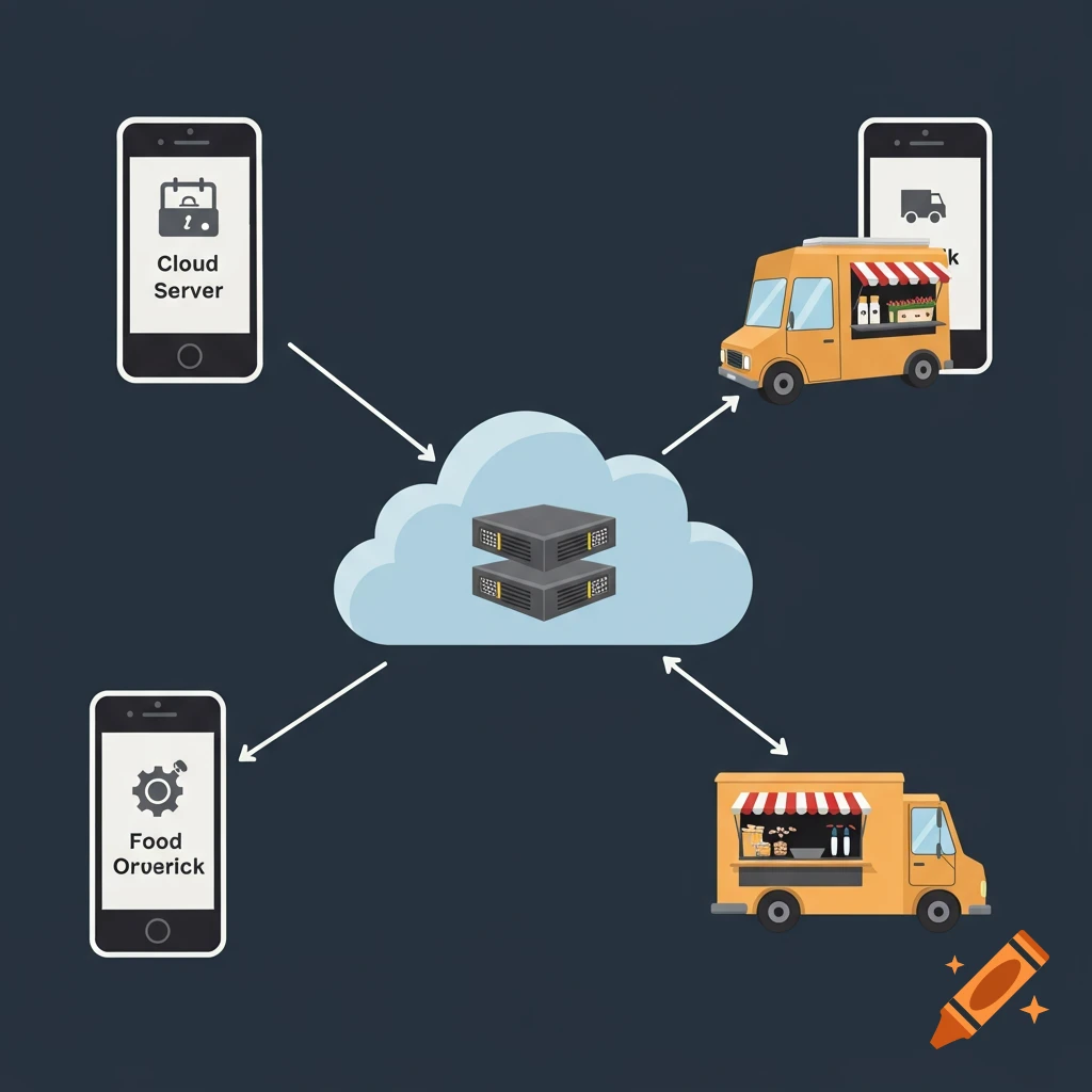 Diagram showing phones and food trucks connected to a cloud server.