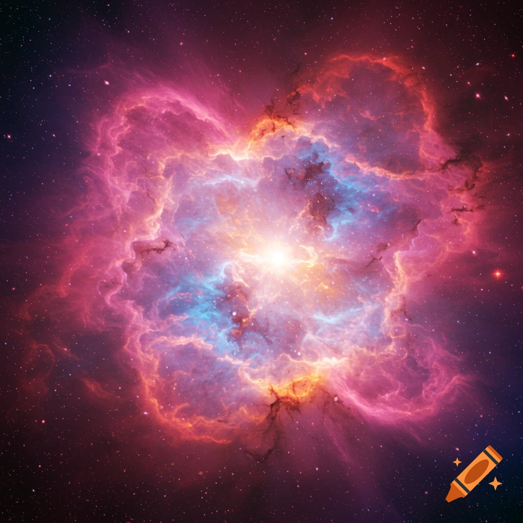 A vibrant nebula glows with pink, blue, and orange hues surrounded by stars.