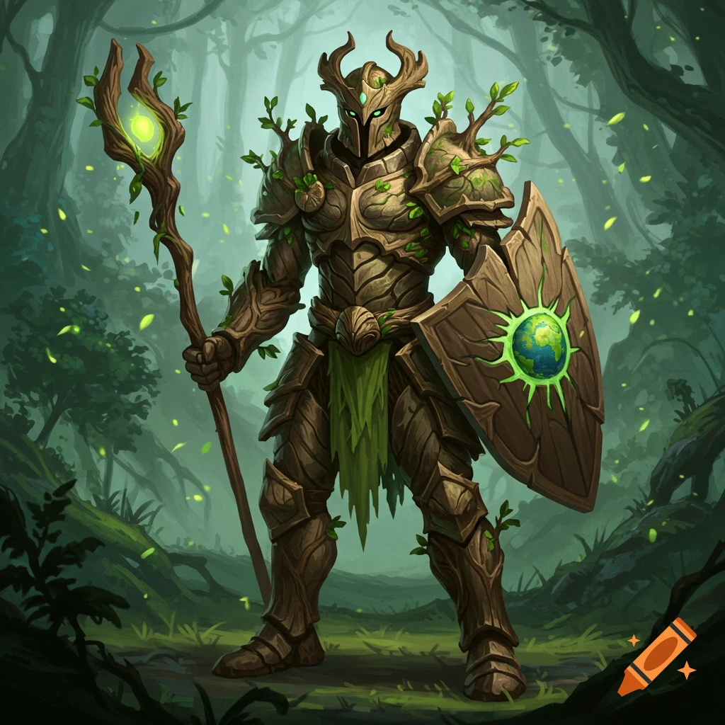 A hero wearing armor made of wood and leaves, holding a staff and shield with an earth symbol, standing in a forest.