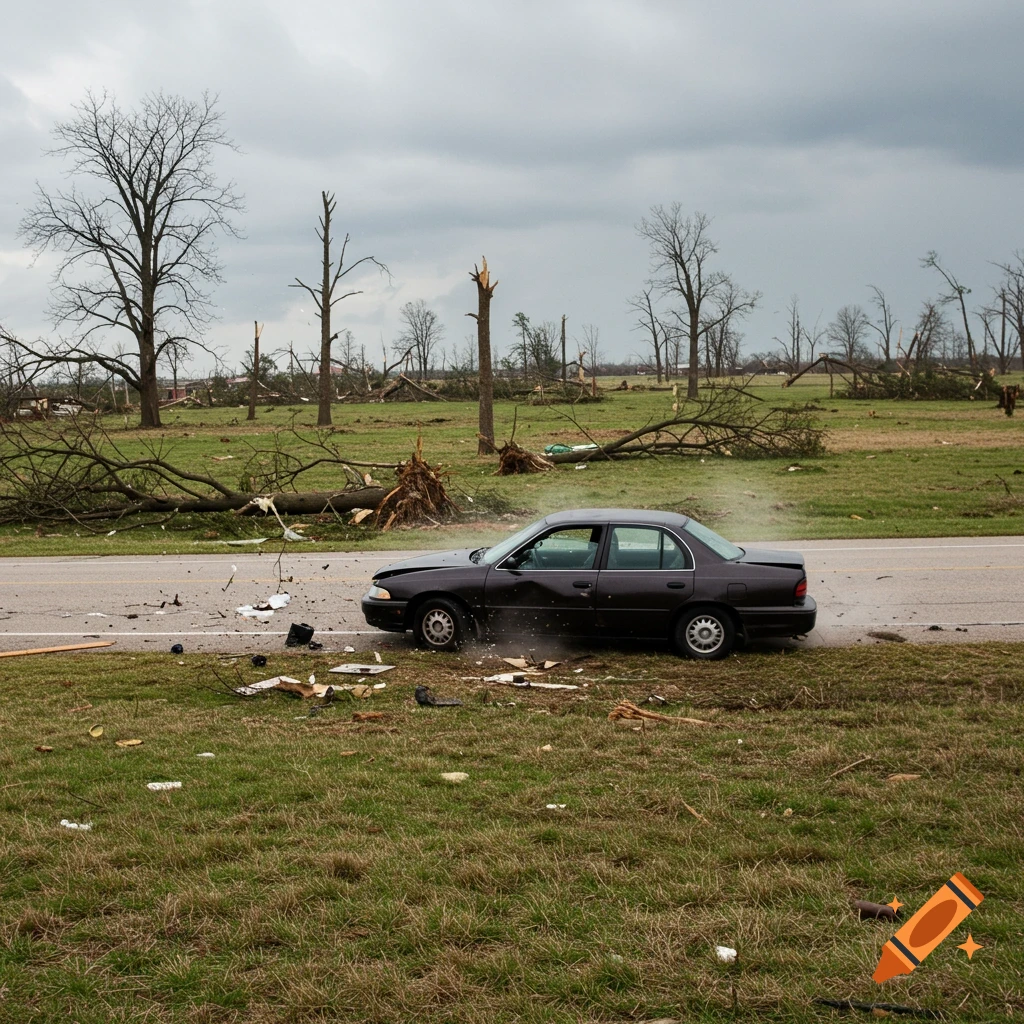 A damaged car on a road next to a field with downed trees and debris under a cloudy sky.