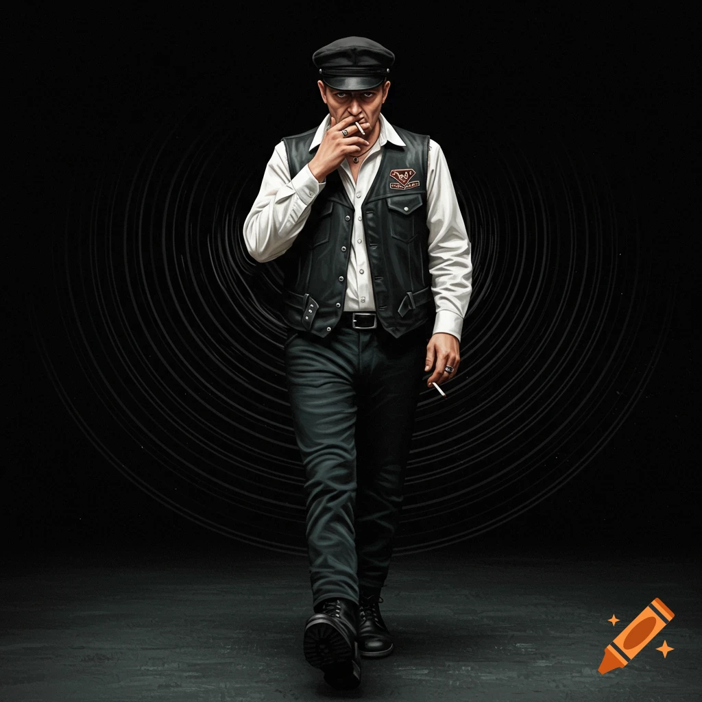 a man in a newsboy cap and biker vest walking towards the viewer and smoking, against a dark, swirling background.
