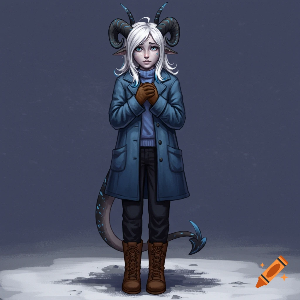 A fantasy creature with horns, tail, white hair, blue eyes, wearing a blue coat and standing in snow.