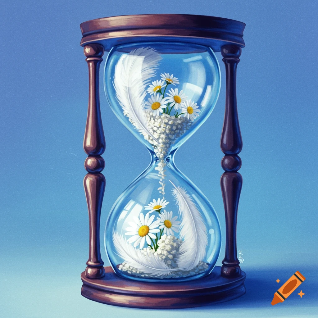 A whimsical hourglass filled with feathers and daisies.