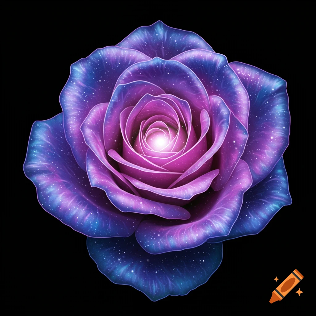 A purple and blue rose with a galaxy and stars on its petals against a black background.