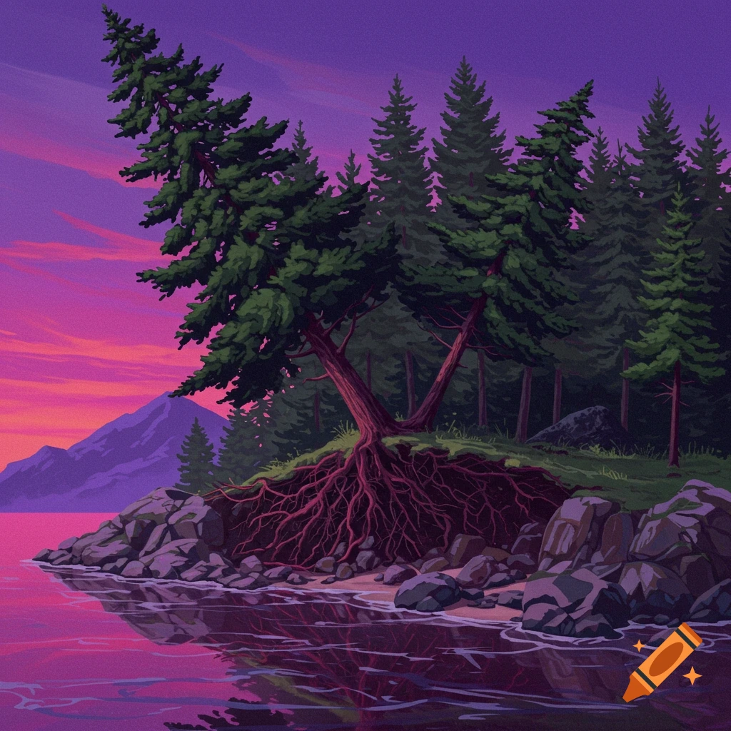A rocky shore with evergreen trees and exposed roots. The sky is purple and pink and reflected in the water.
