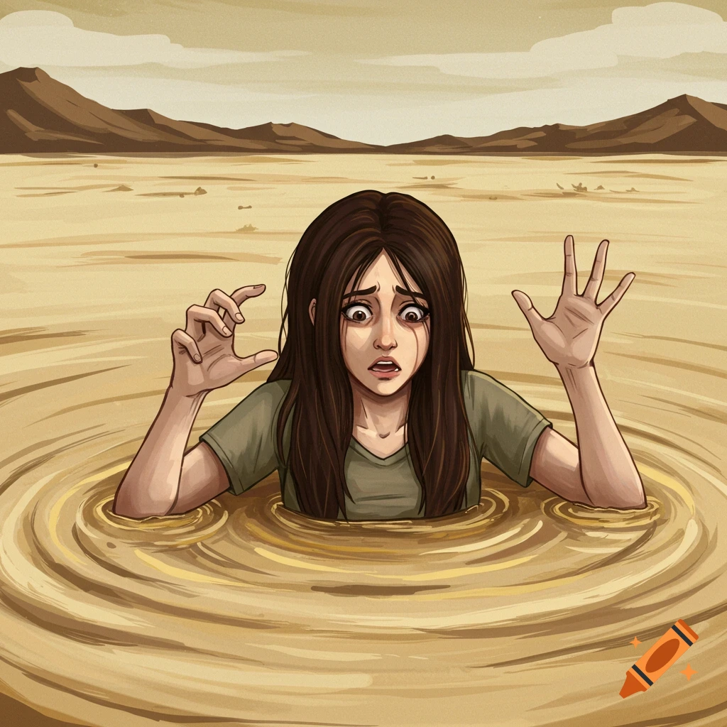 A distressed woman is sinking into swirling quicksand in a desert.