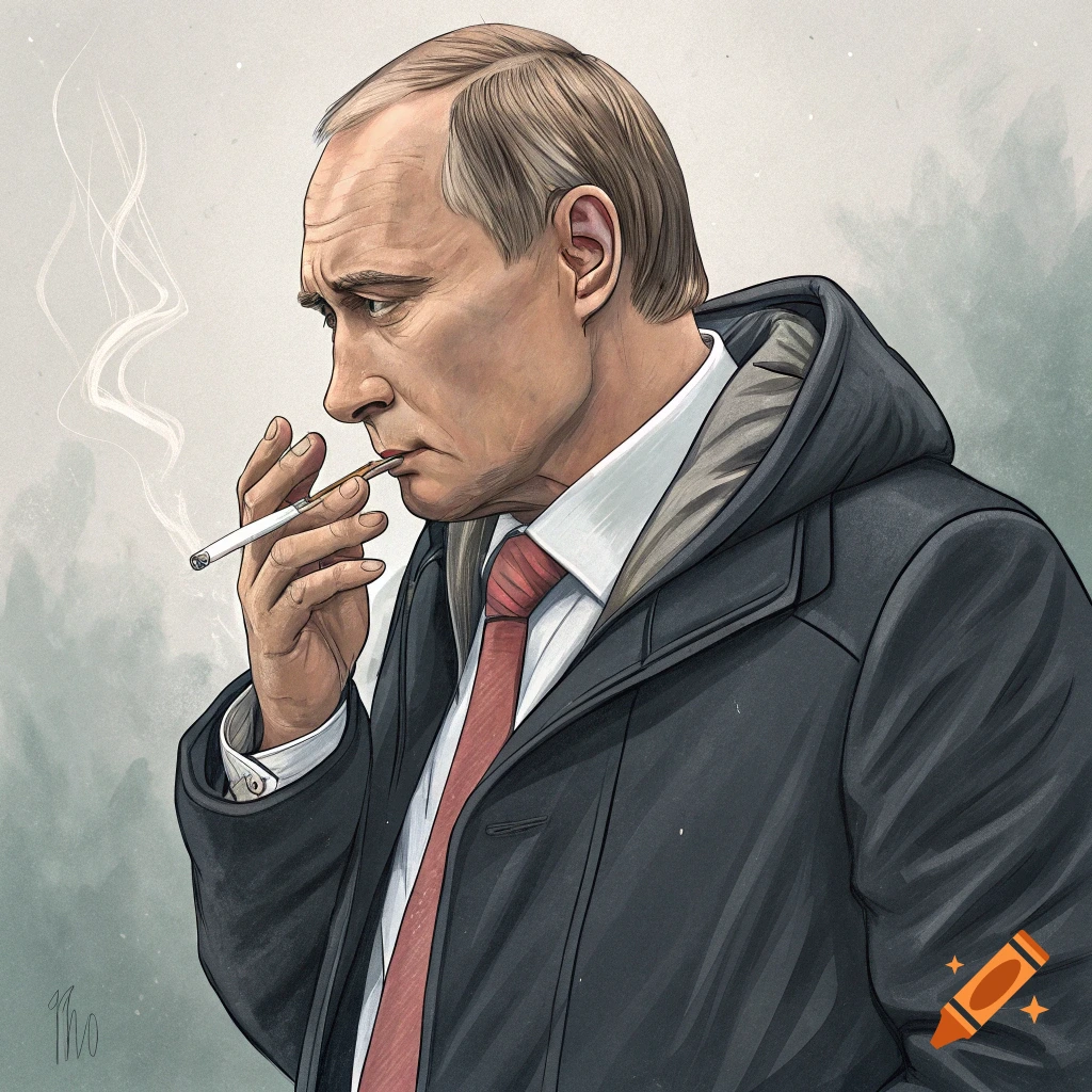 Detailed illustration of a man resembling Putin, wearing a coat and tie, smoking a cigarette and looking to the side.
