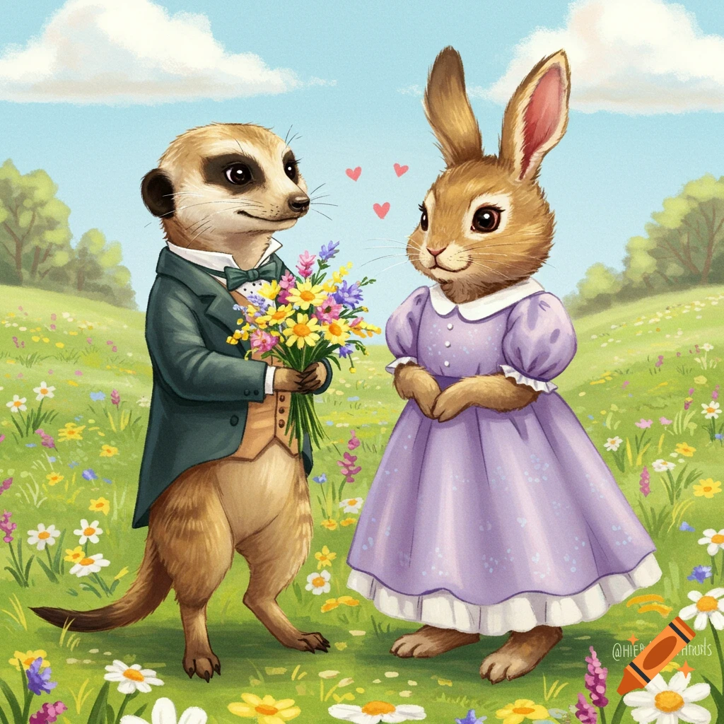 A meerkat in a suit gives a bouquet of flowers to a rabbit in a dress in a field of wildflowers.