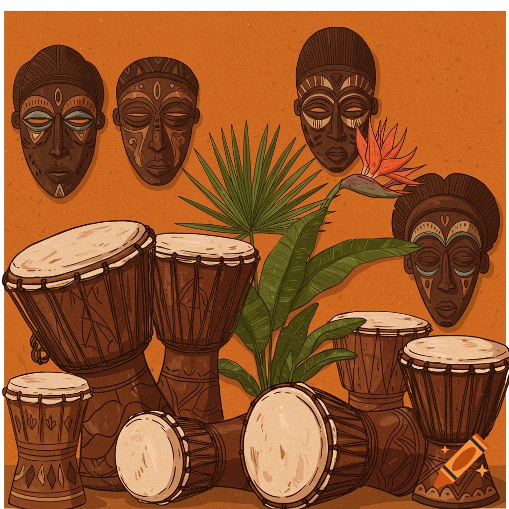 African drums, masks, and a bird of paradise plant.