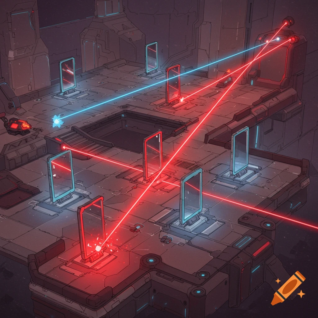 A sci-fi strategy game with lasers bouncing off mirrors.