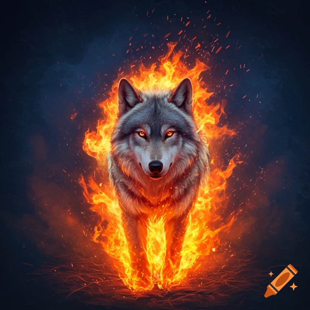 A wolf standing engulfed in flames with glowing orange eyes.
