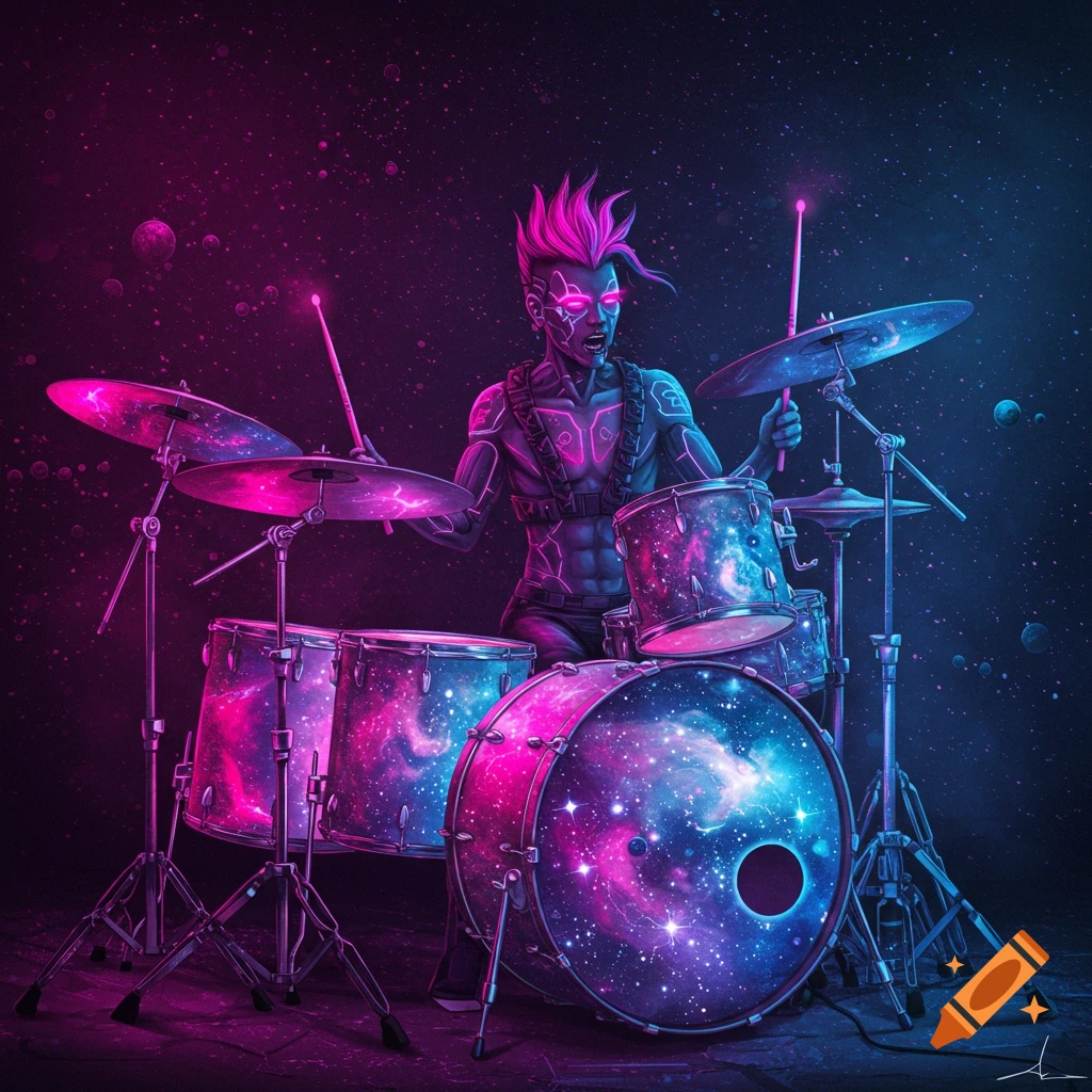 Cyberpunk drummer plays drums with celestial bodies in space.