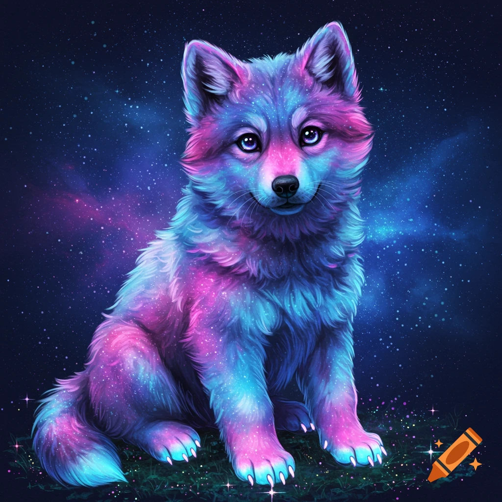 A cute wolf puppy painted with galaxy colors sits on grass under a starry sky.