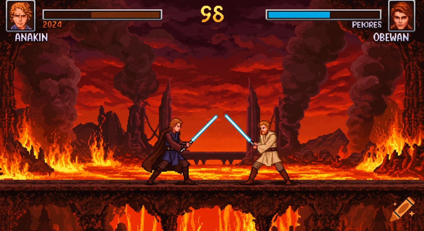 Pixel art video game scene of two figures with lightsabers fighting on a fiery landscape.