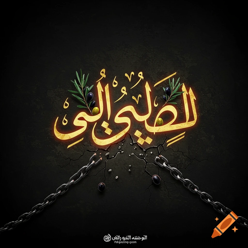 Golden Arabic calligraphy 'Palestine' over broken chains and olive branches on a dark background.