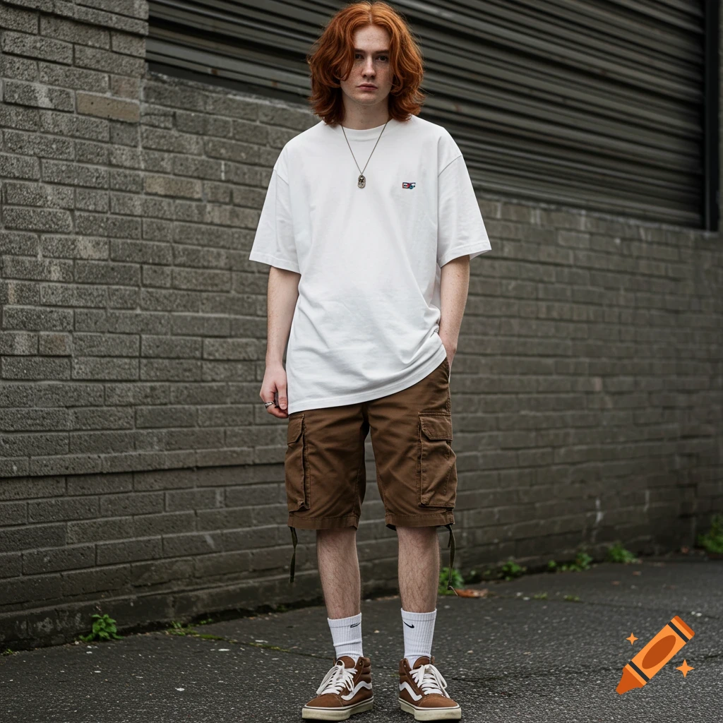A young man with auburn hair wearing a white t-shirt, brown cargo shorts, and brown sneakers stands on a street by a brick wall.