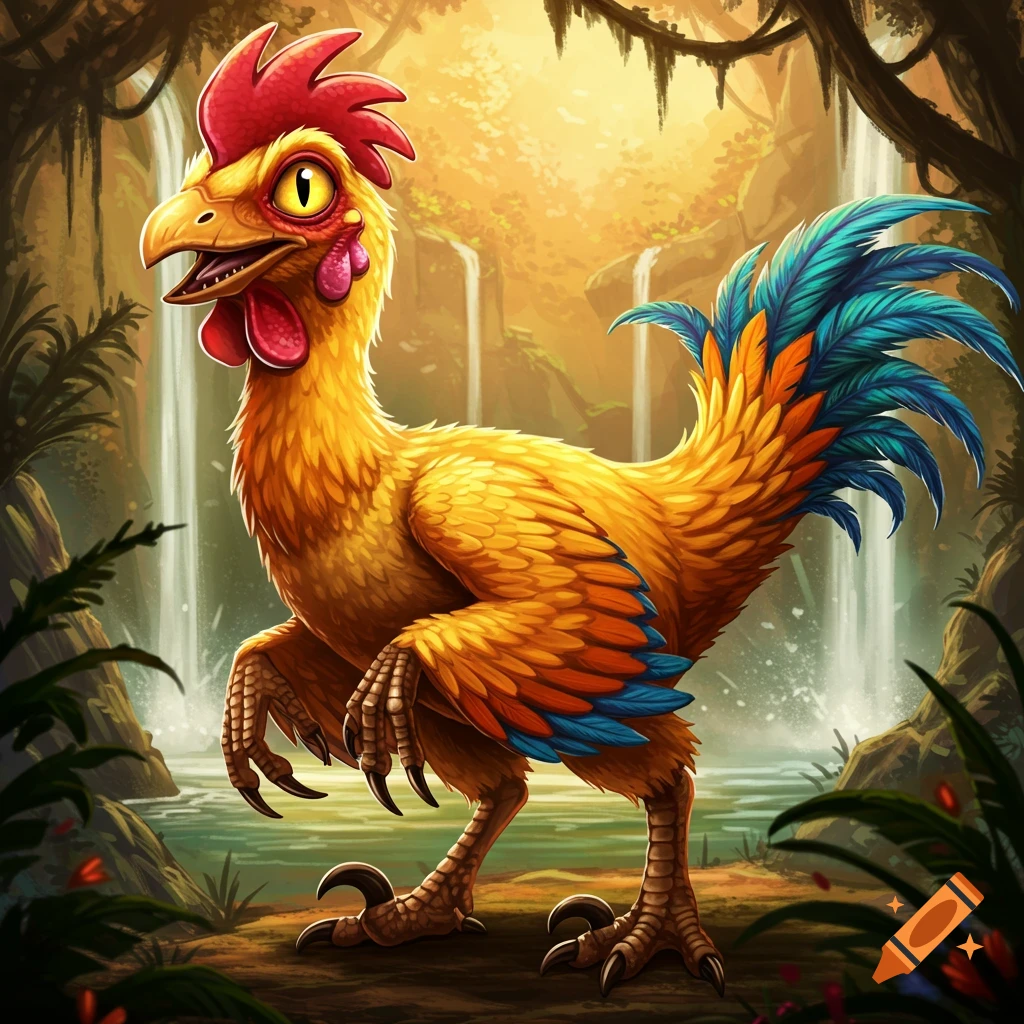 A yellow raptor chicken creature is in a jungle with waterfalls.