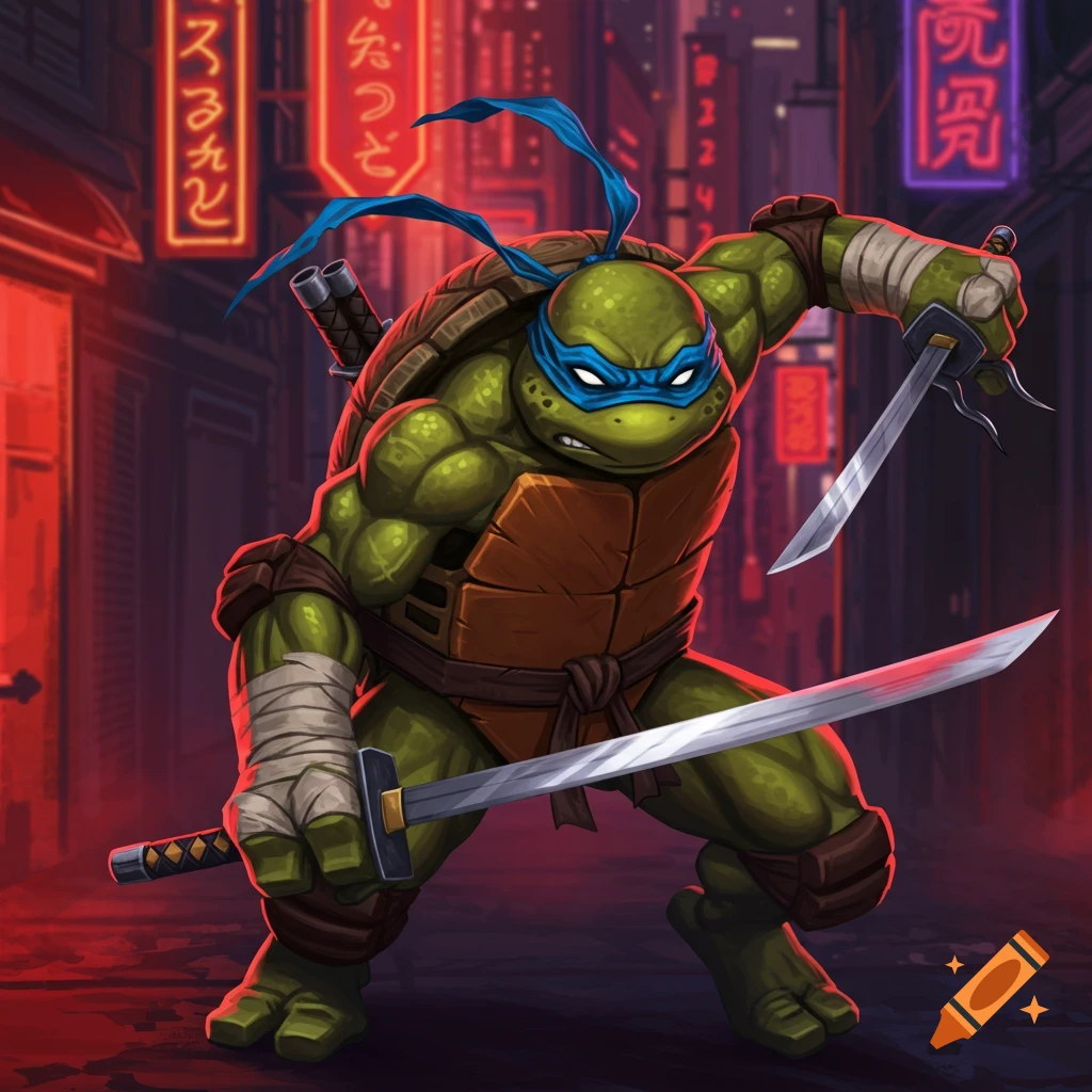 Leonardo from TMNT is holding his katanas in a street with neon signs.