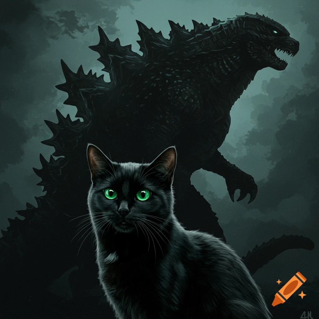 A black cat with a Godzilla silhouette in the background against a cloudy sky.
