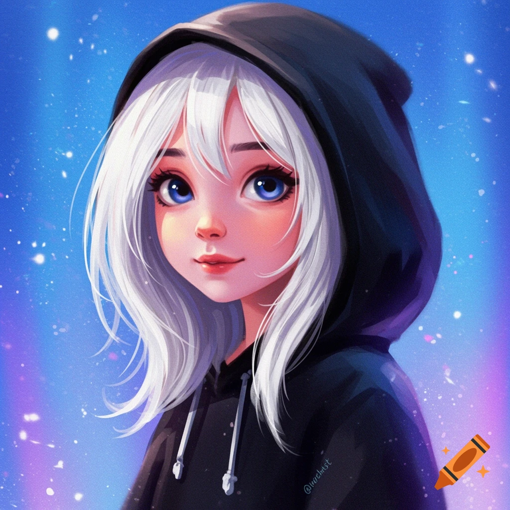 Illustration of a young girl with white hair and blue eyes wearing a black hoodie against a starry blue and purple background.
