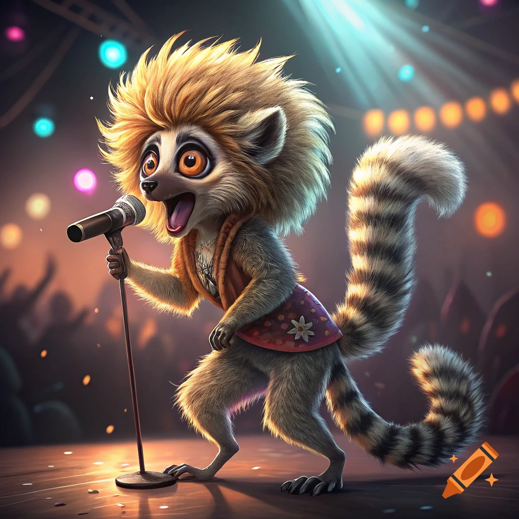A cartoon lemur with big hair sings into a microphone on a stage.