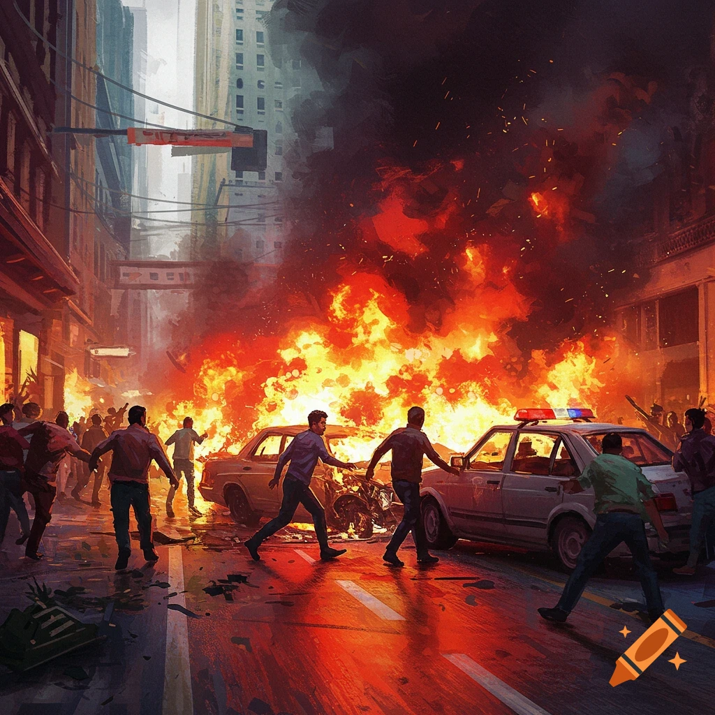 Chaotic city street with burning cars and people fleeing, a police car is partially visible.