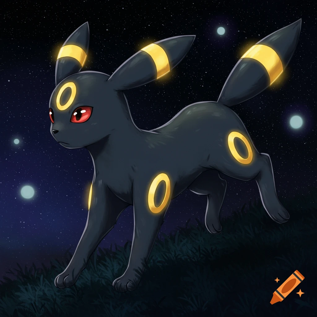 An Umbreon, a black creature with yellow rings, walks through grass at night under a starry sky.