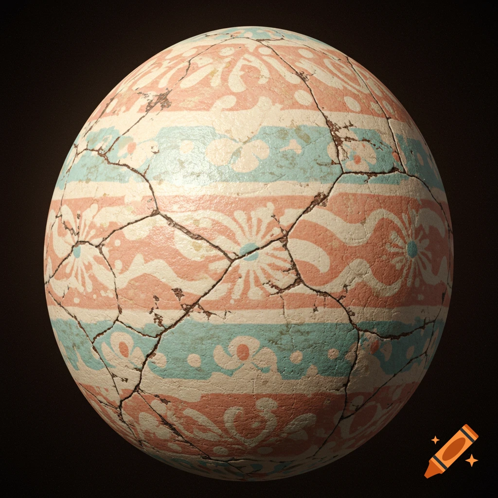 Cracked Easter egg with decorative pink, white, and blue patterns.